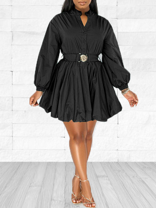 Stand Collar Long Sleeve A-line Mini Dress