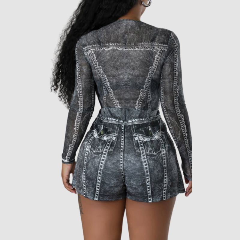 Denim Printed Mesh Bodysuit Mini skirt Set