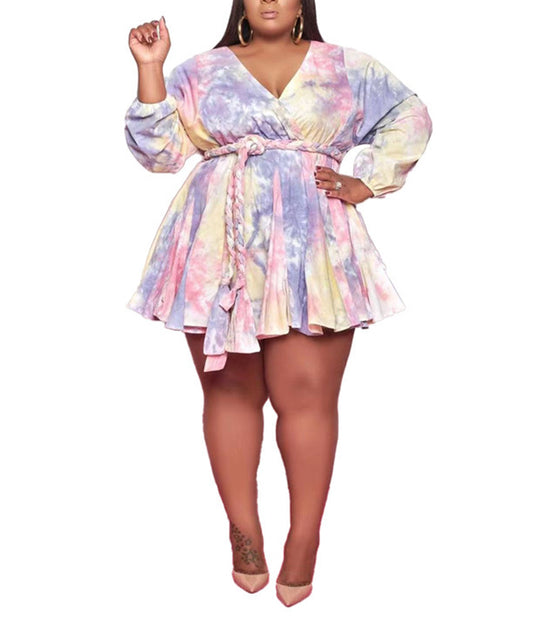 V Neck Tie Dyed Print Long Sleeve Mini Dress