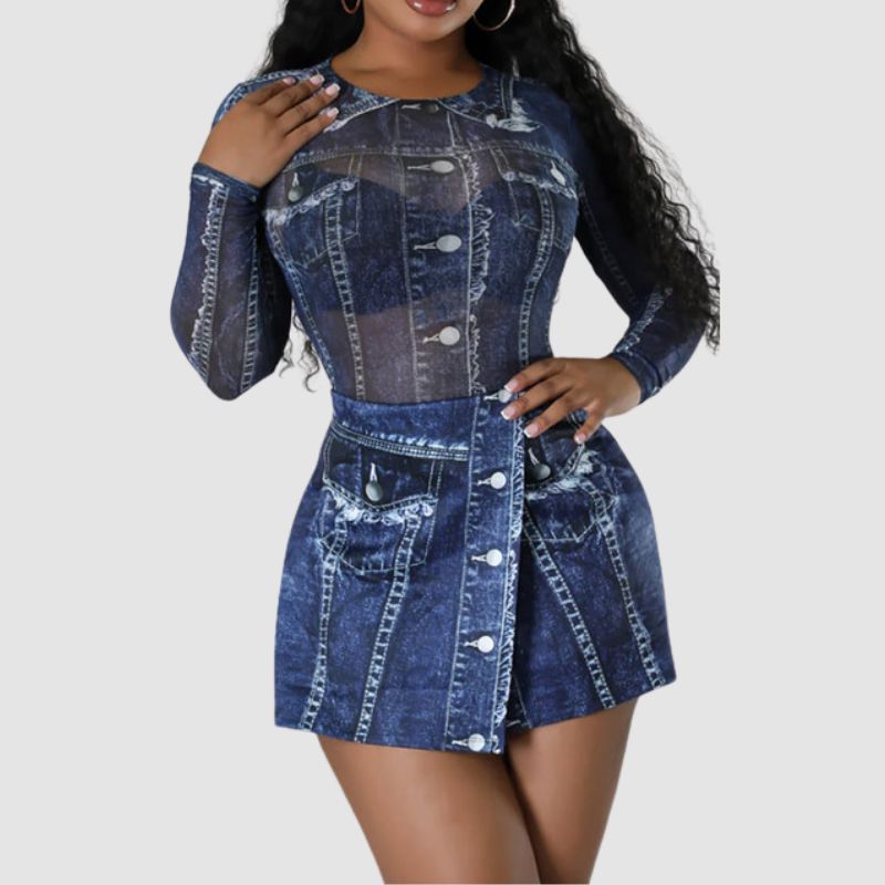 Denim Printed Mesh Bodysuit Mini skirt Set