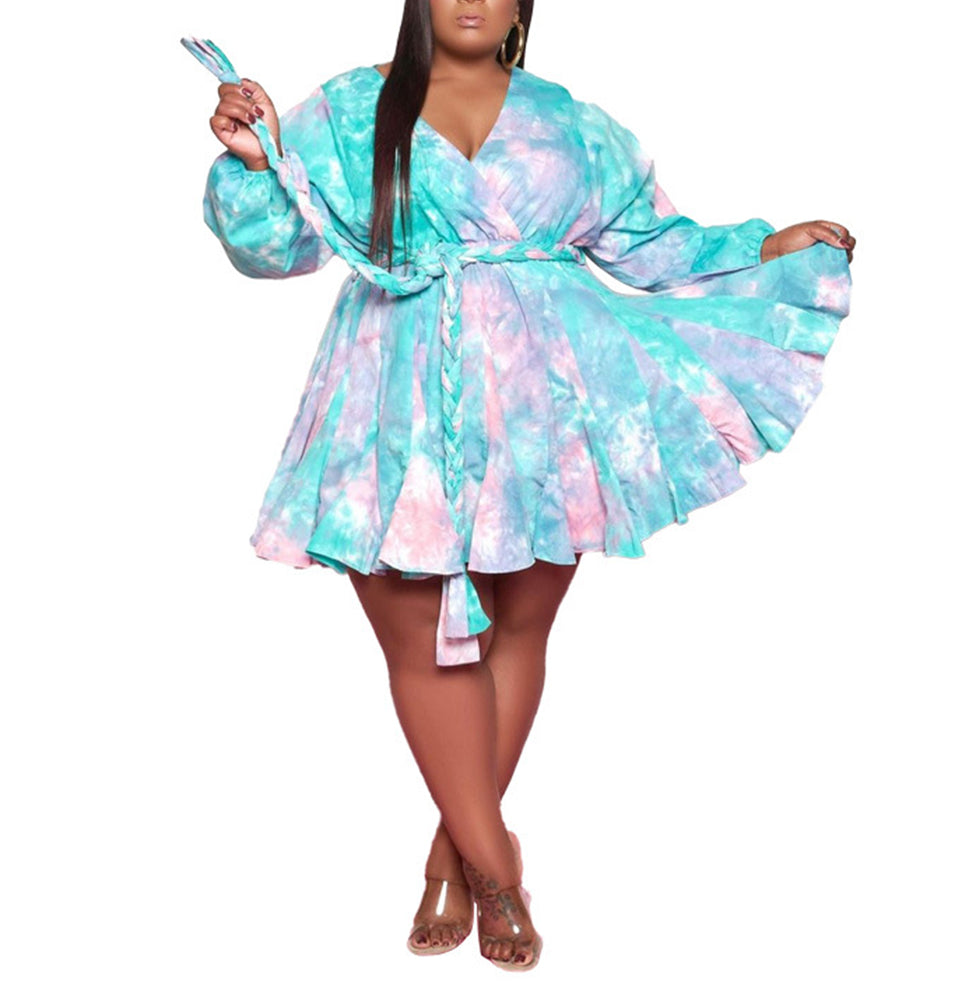 V Neck Tie Dyed Print Long Sleeve Mini Dress