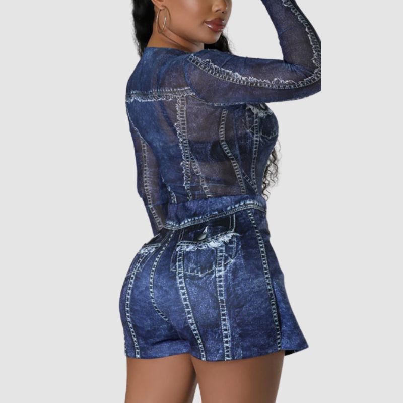 Denim Printed Mesh Bodysuit Mini skirt Set