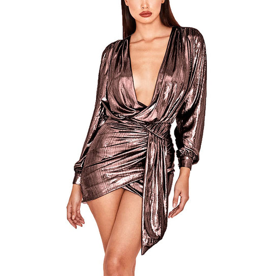 V Neck Metallic Glitter Ruched Mini Dress