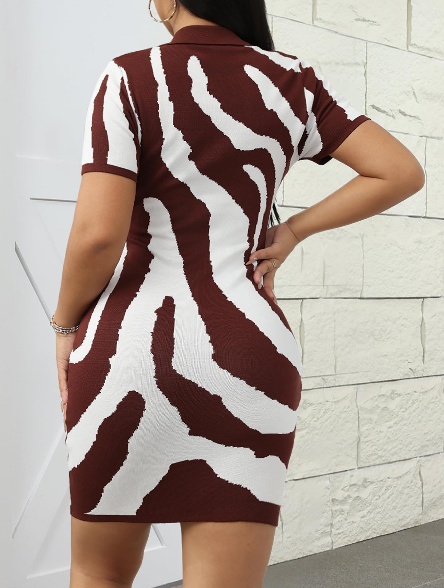 Knit V Neck Zebra Striped Mini Dress