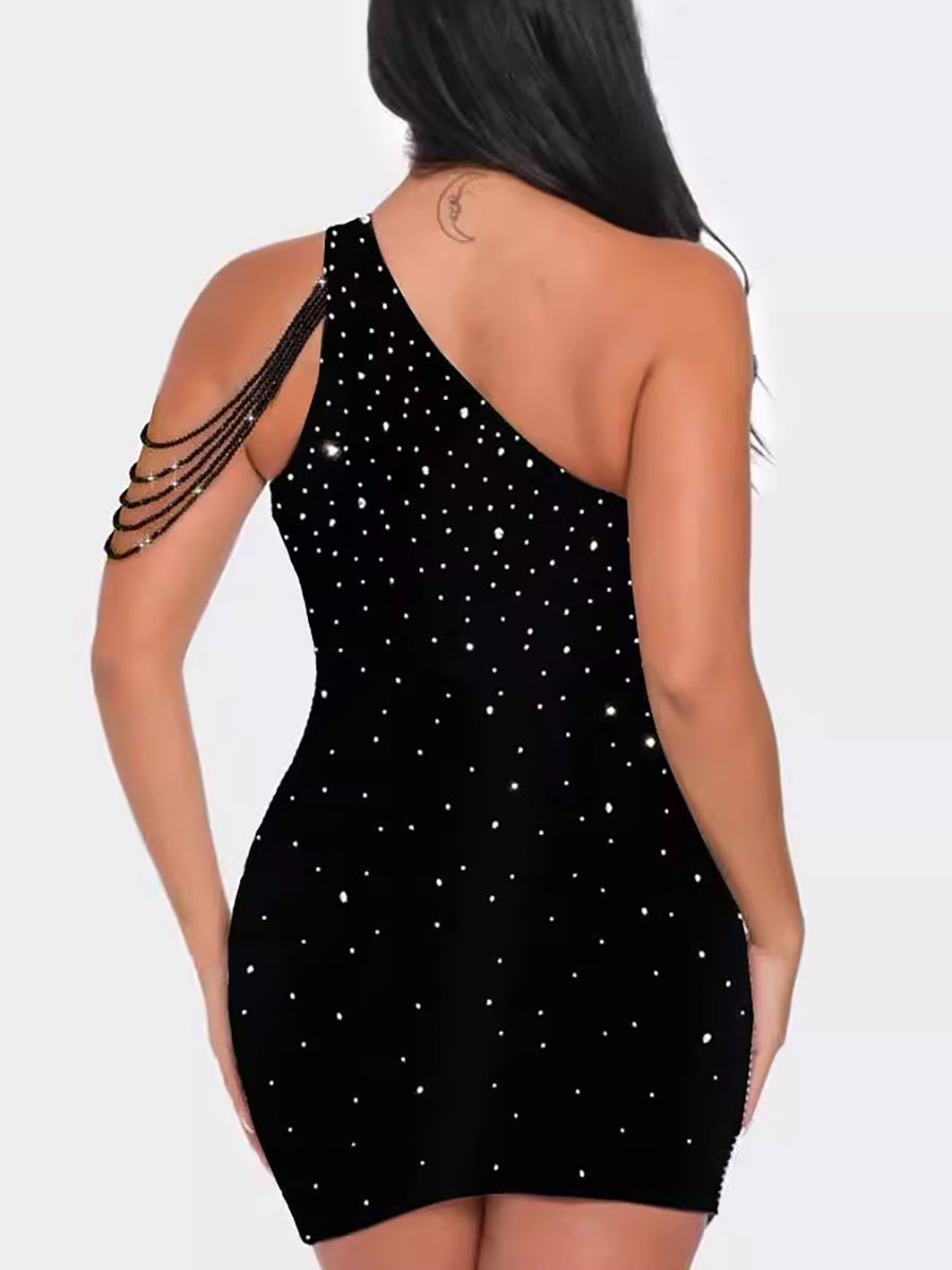 One-Shoulder Rhinestone Cutout Mini Dress