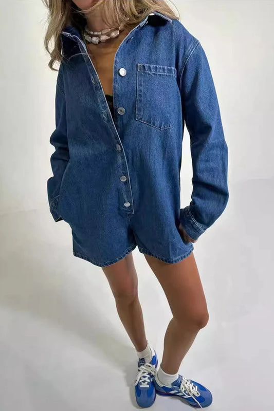 Lapel Long Sleeve Denim Rompers