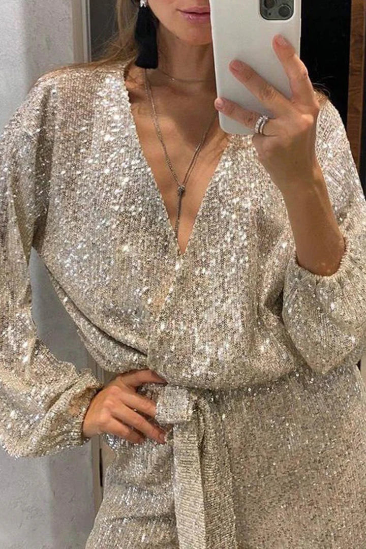 Sequin V Neck Long Sleeve Tie-up Jumpsuits