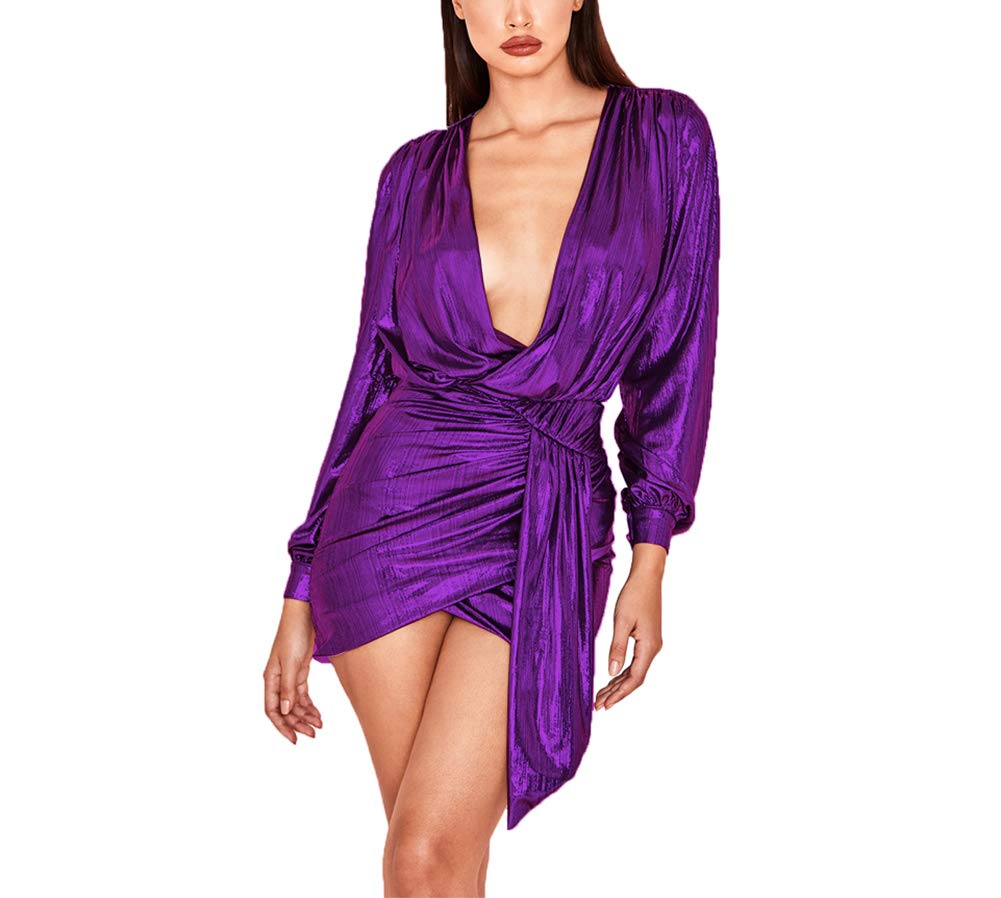 V Neck Metallic Glitter Ruched Mini Dress